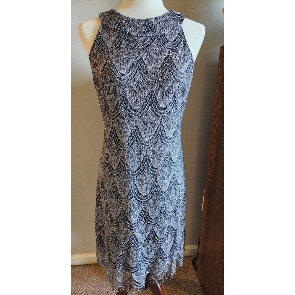 Vintage 90s Y2K Dress Barn Size 10 Shimmer Lace Silver Grey Fitted Midi Dress